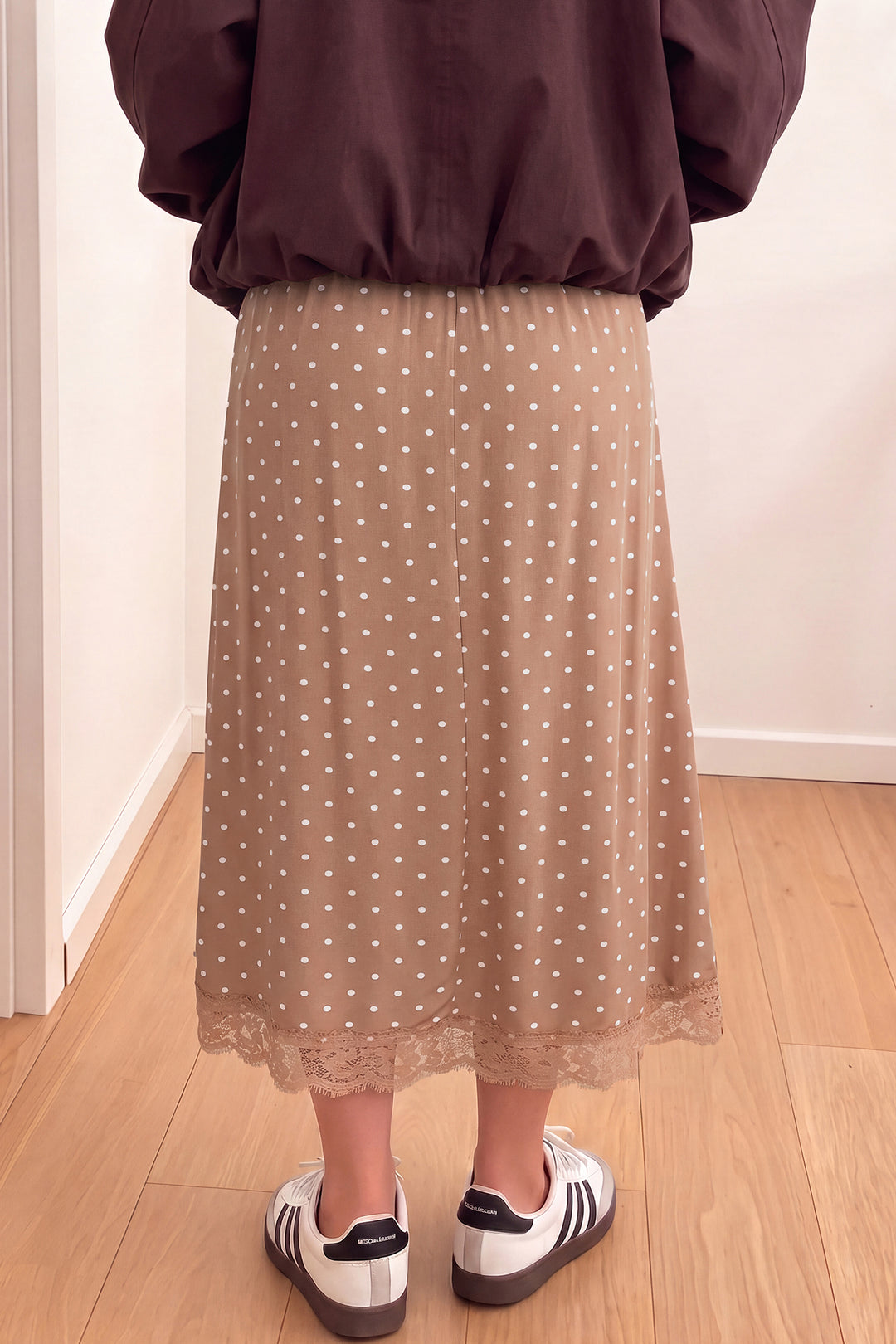 Brown Polka Dot Lace Hem Elegant Long Shift Skirt