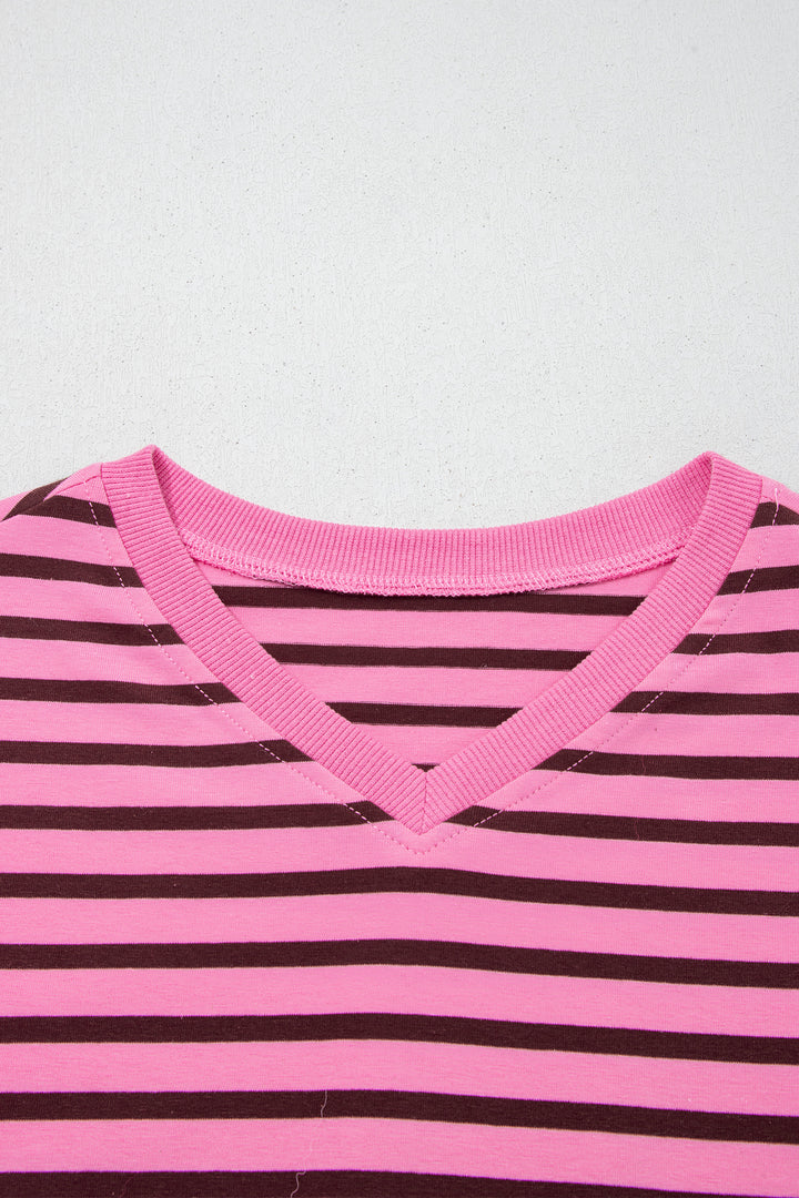 Pink Stripe V Neck Long Sleeve Drop Shoulder Blouse