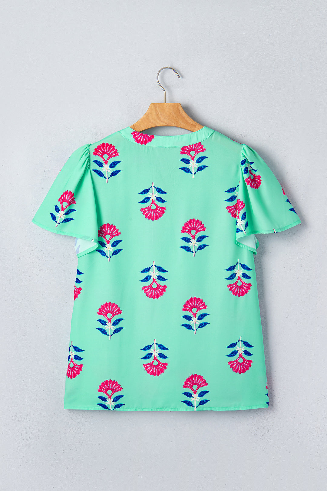 Green Floral V Neck Flutter Sleeve Blouse