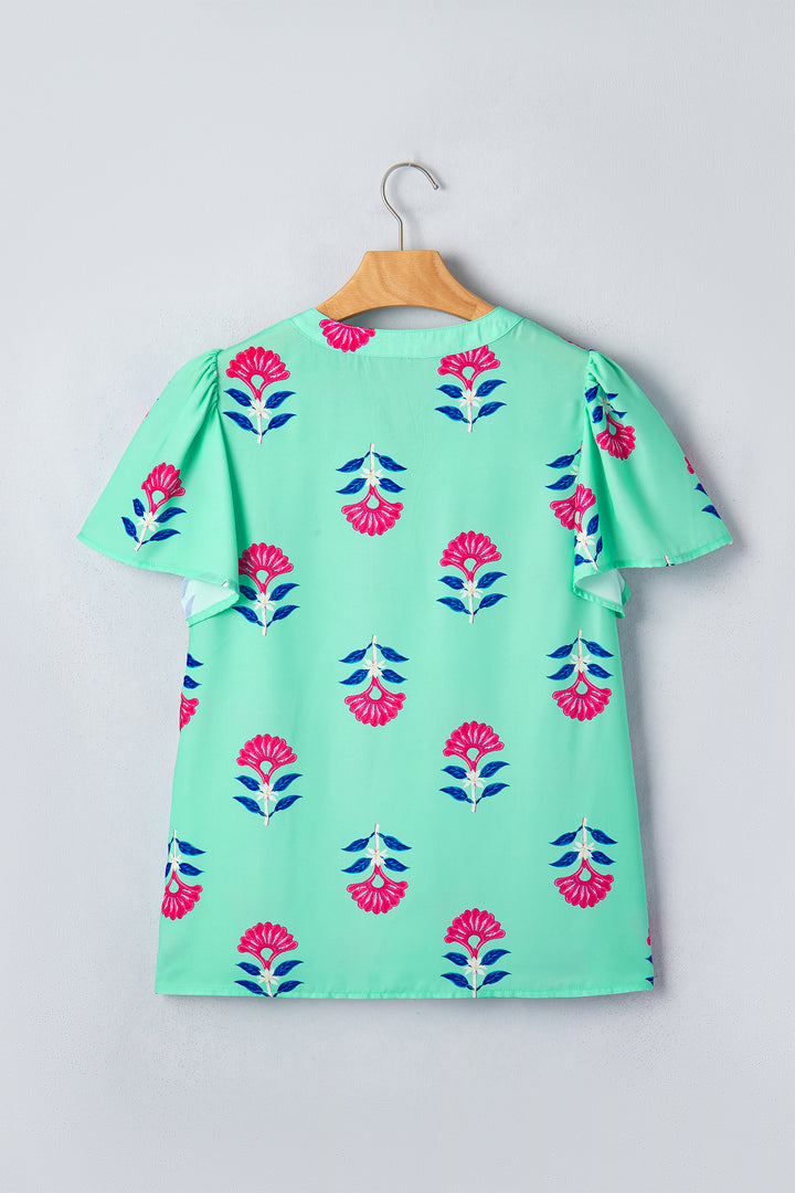 Green Floral V Neck Flutter Sleeve Blouse