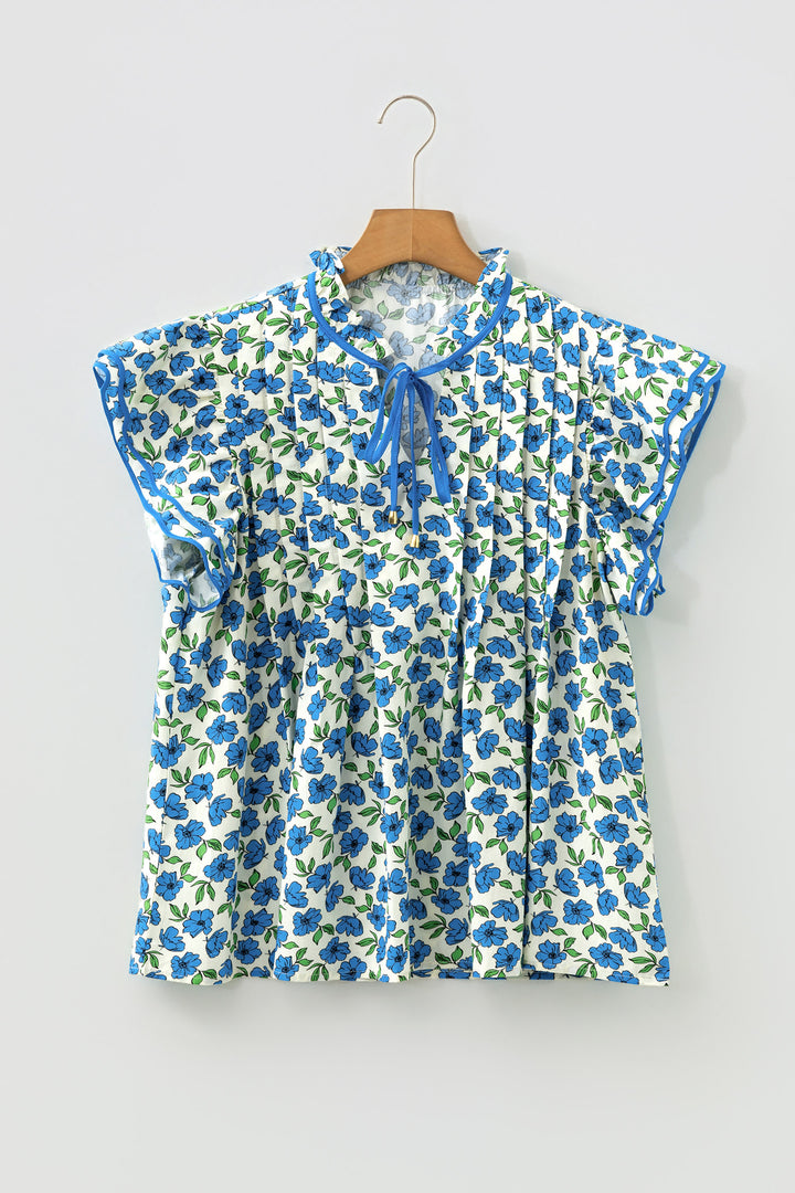 Sky Blue Tiered Flutter Sleeve Pleated Flower Blouse