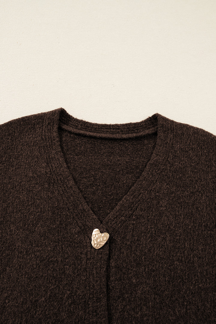 Chicory Coffee Heart Metal Button V Neck Cardigan Sweater