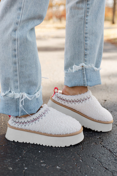 White Embroidered Sherpa Plush Thick Sole Winter Slippers