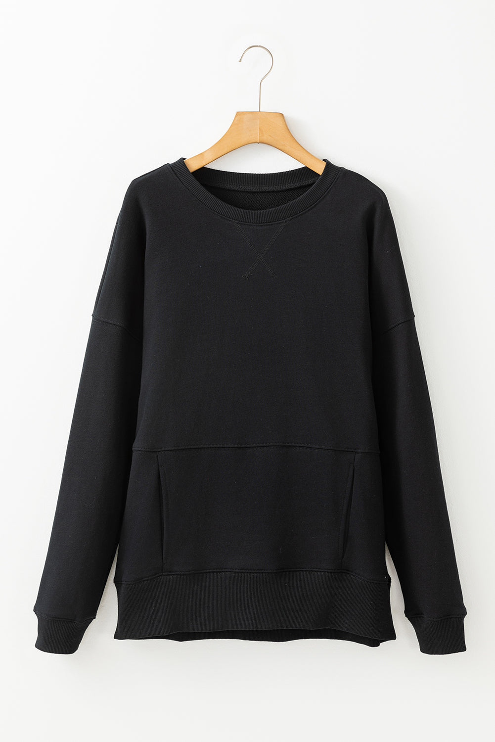 Black Drop Shoulder Crisscross Stitching Pocketed Loose Sweatshirt