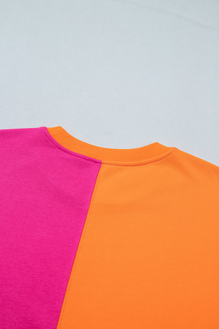 Rose Red Colorblock Gingham Sleeve Crewneck Sweatshirt