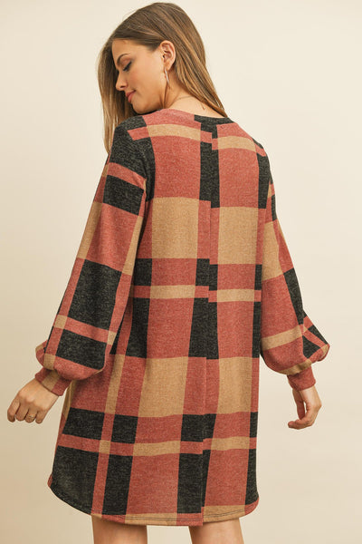 Round Neck Puff Sleeved Plaid Knee Length Dress