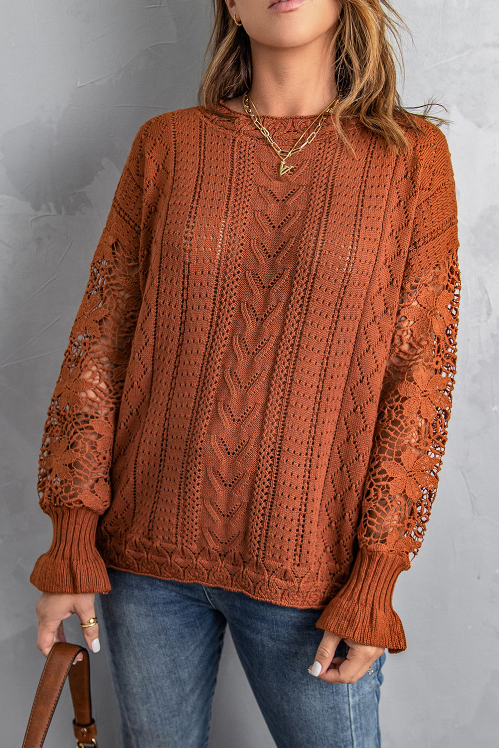 Brown Crochet Lace Pointelle Knit Sweater