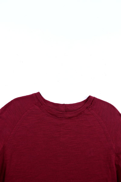 Fiery Red Solid Crew Neck Long Sleeve Top