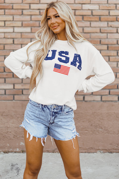 White USA Flag Corded Graphic Sweatshirt