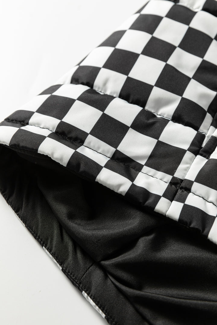 Black Double Checked Stand Collar Cropped Puffer Vest