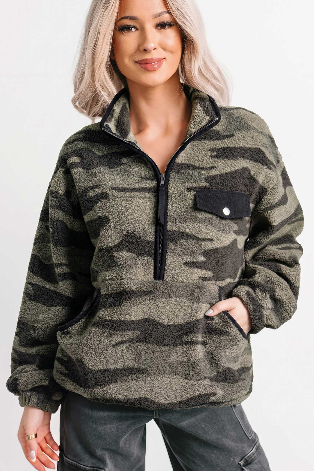 Multicolour Camouflage Fleece Half Zip-Up Long Sleeve Pocket Sweatshirt