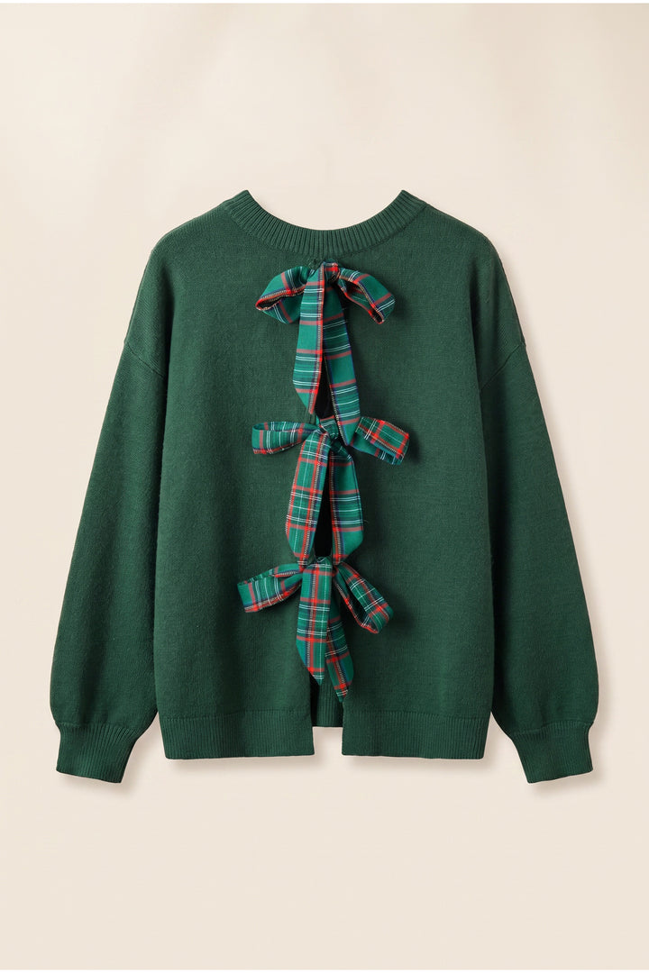 Blackish Green Plaid Bow Detail Drop Shoulder Christmas Sweater