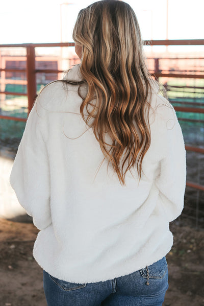 White Leopard Patch Pocket Half Zipped Fleece Sweatshirt