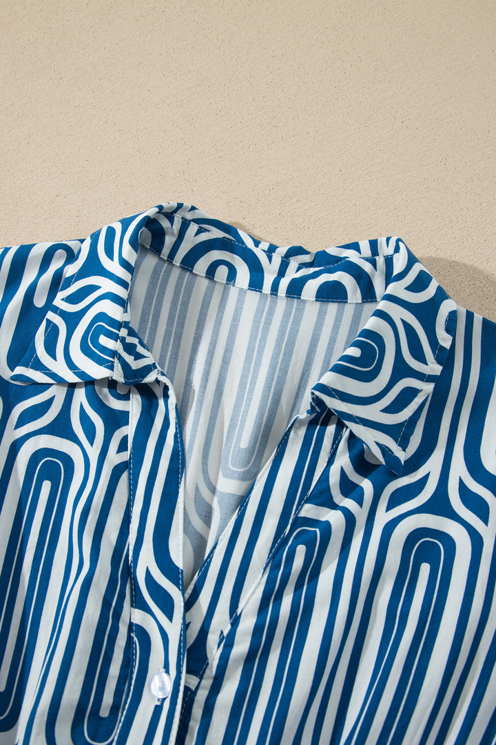 Blue Geometric Print Short Sleeve Drawstring Shirt Collar Dress