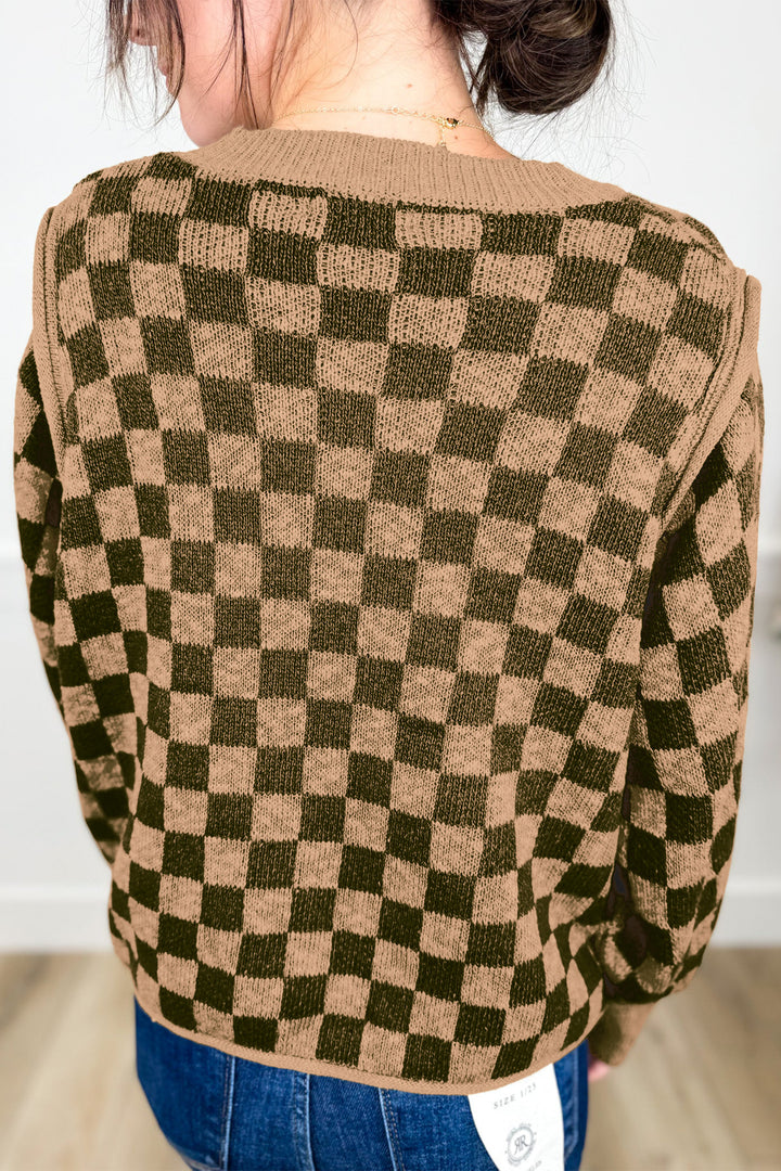 Multicolour Drop Shoulder Plaid Knit Long Sleeve Sweater