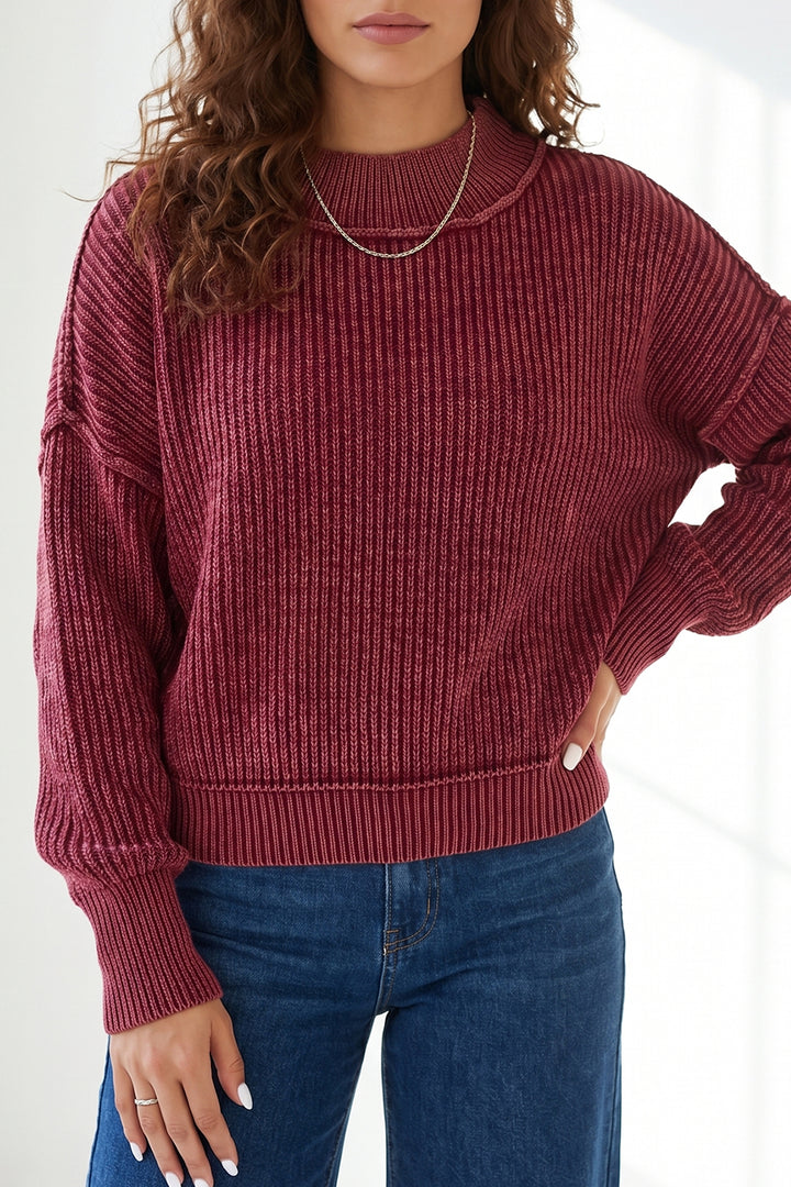 Red Dahlia Drop Shoulder High Neck Ribbed Sweater