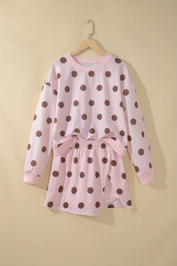 Brown Polka Dot Two Piece Set Long Sleeve Casual Skirt Set