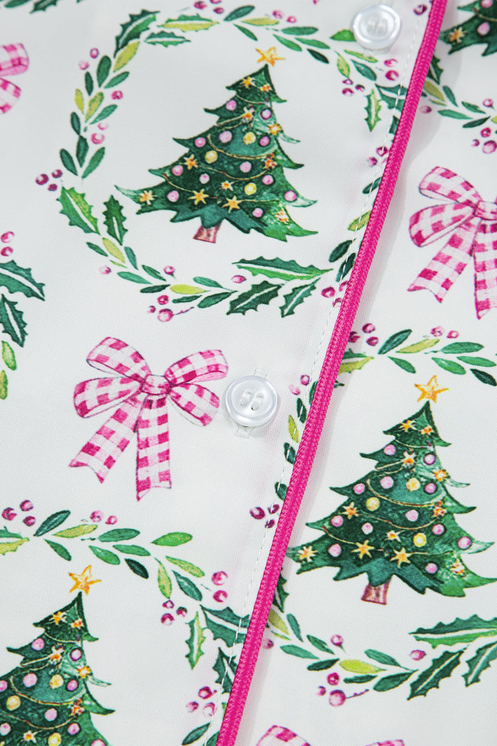 Green Christmas Fashion Print Velvet Trim Bow Knot Pajama 2pcs Short Set