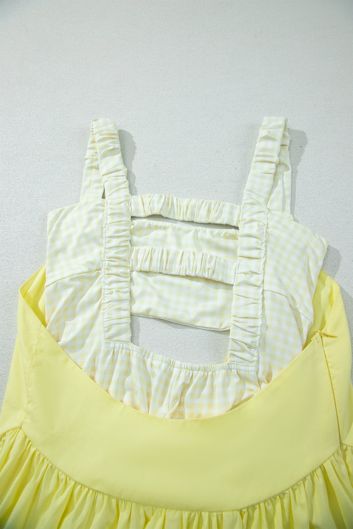 Yellow Cream Faux Two Piece Gingham Contrast Patchwork Loose Mini Dress
