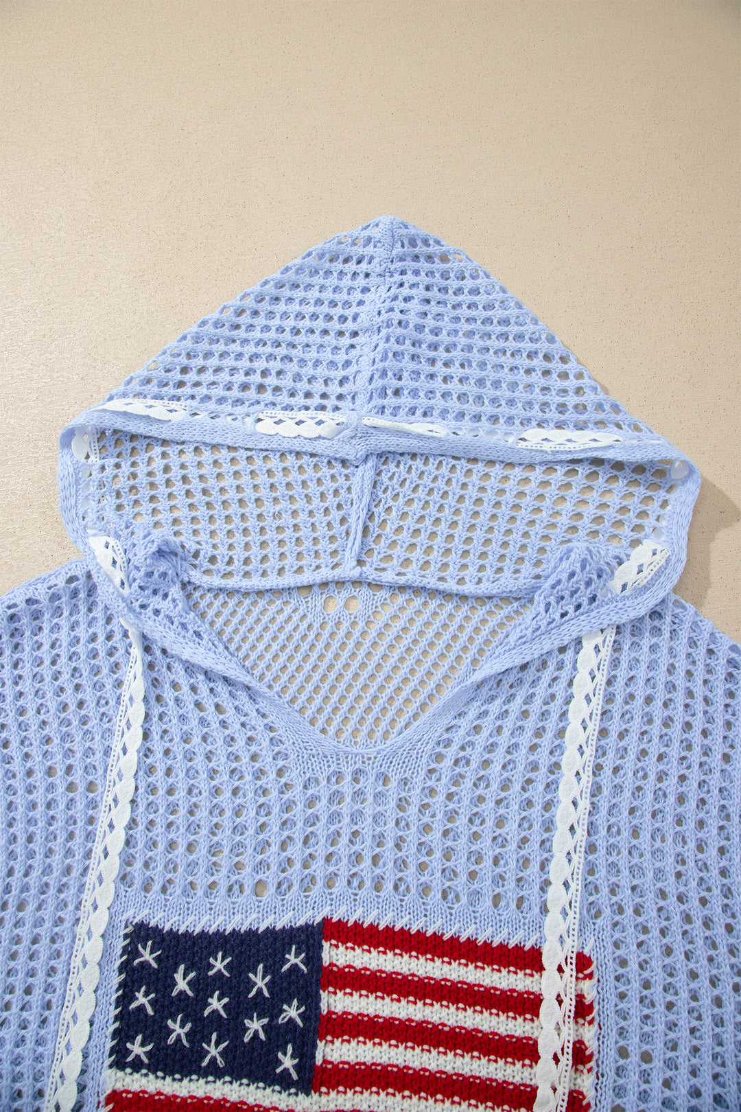 White Hollow Out Crochet Knit American Flag Patched Sweater Hoodie