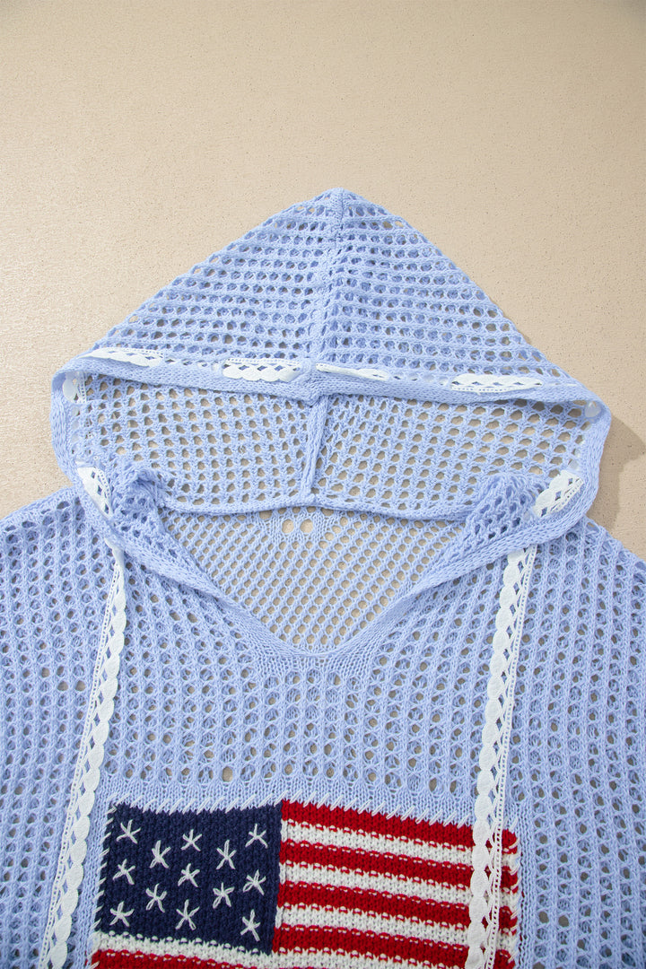 White Hollow Out Crochet Knit American Flag Patched Sweater Hoodie