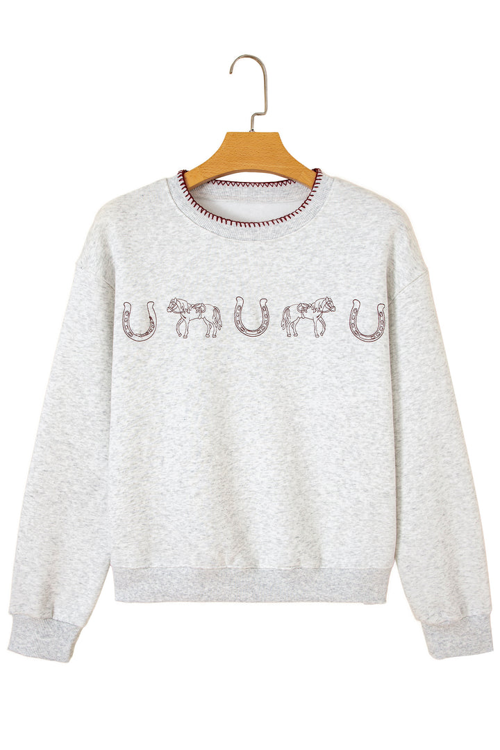 Light Grey Western Print Embroidered Casual Sweatshirt