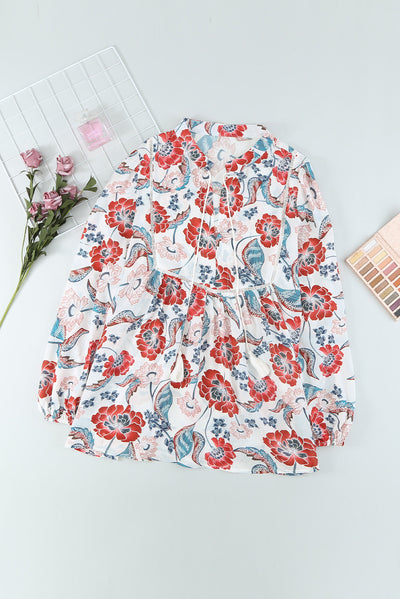 Fiery Red Split Neck Bubble Sleeve Floral Patchwork Blouse