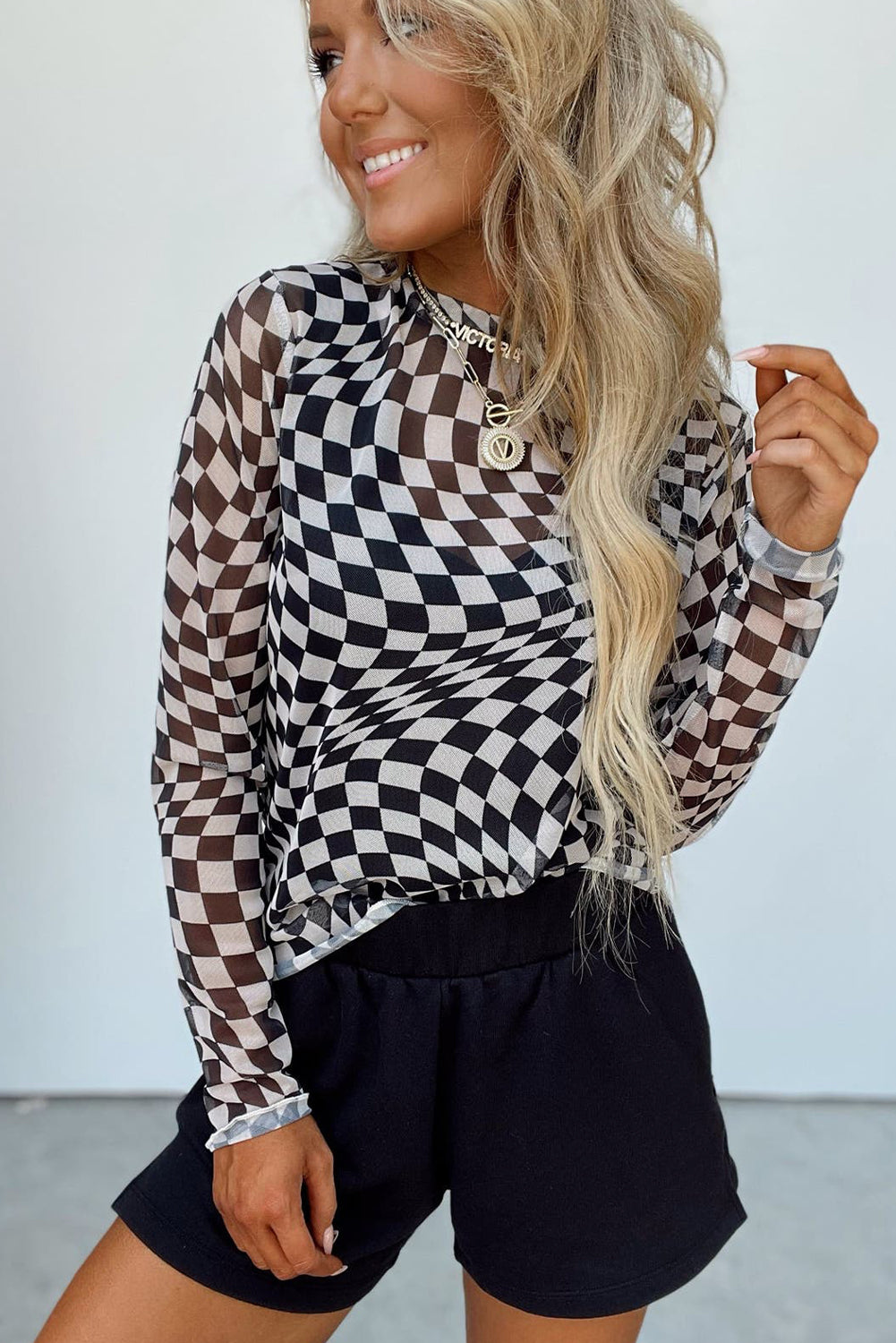 Black Checkered Pattern Mesh Mock Neck Long Sleeve Top