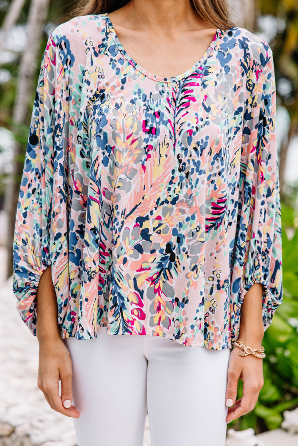 Blue Floral Print Puffy Sleeve Loose Blouse