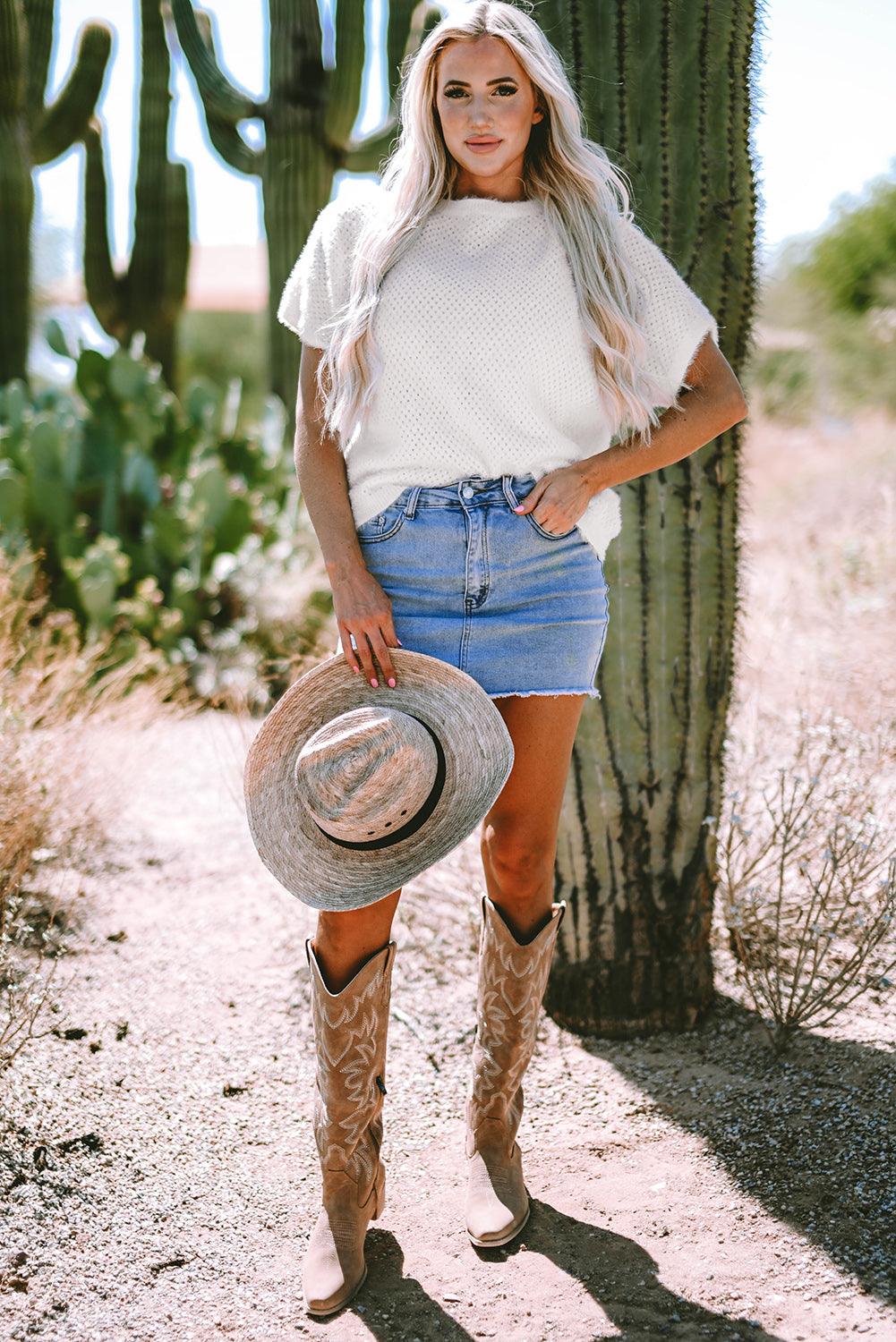 White Fuzzy Eyelet Knitted Sweater T-shirt