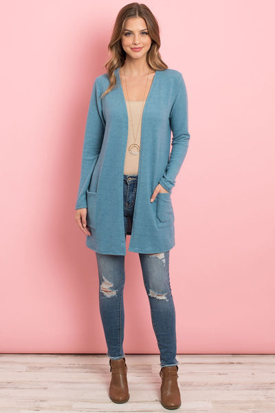 Solid Long Sleeved Open Front Pocket Cardigan