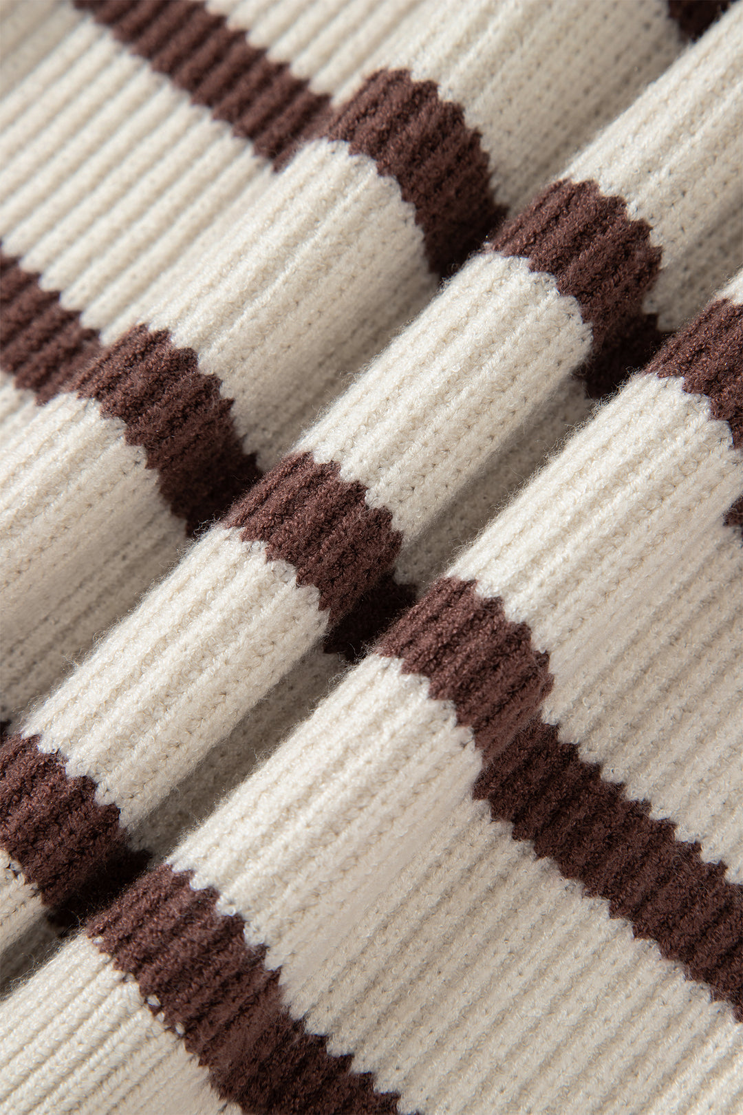 Brown Stripe Ribbed Henley Drop Shoulder Slouchy Sweater