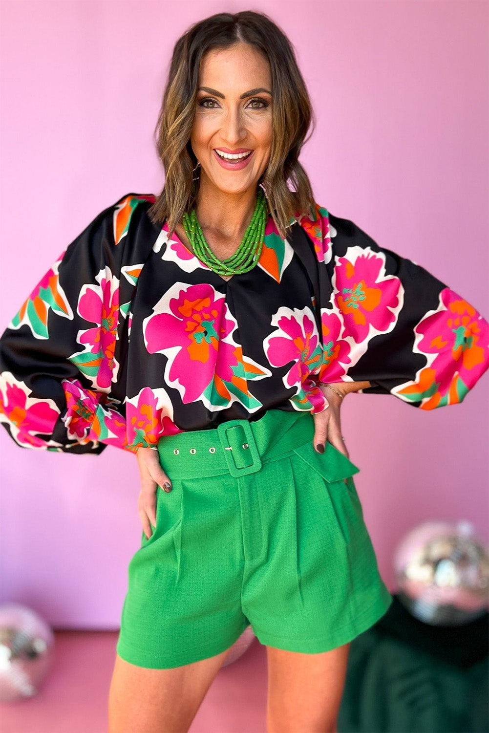 Black Flower Print Puff Sleeve Blouse