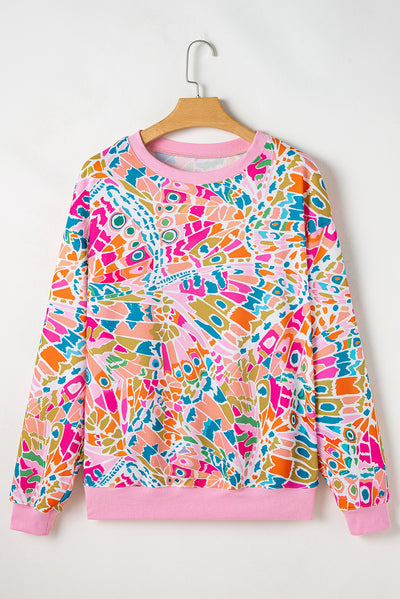 Pink Abstract Printed Drop Shoulder Loose Sweatshirt