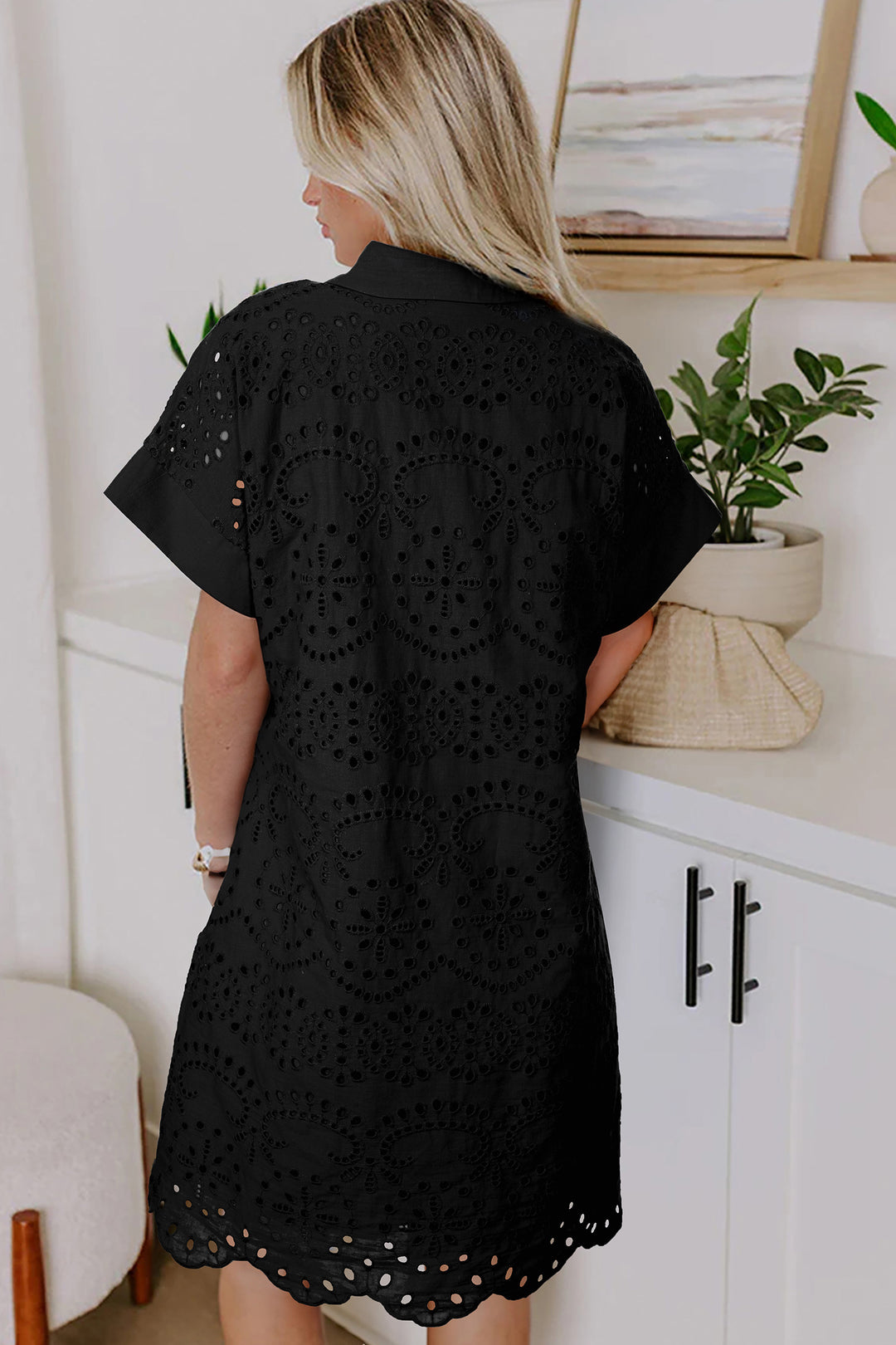 Dark Blue Solid Color Eyelet Embroidered T Shirt Mini Dress