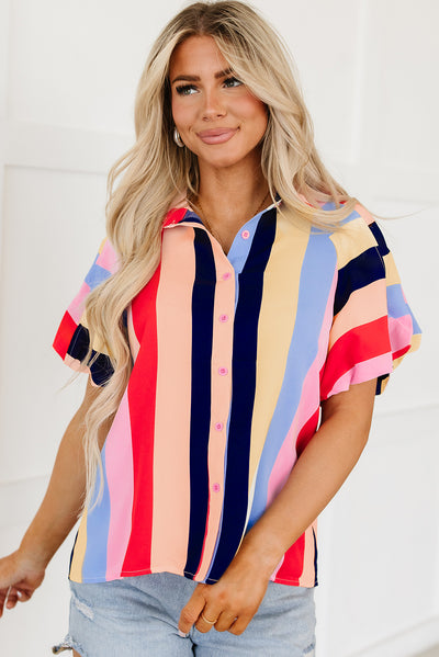 Multicolor Color Block Striped Puff Sleeve Buttoned Shirt