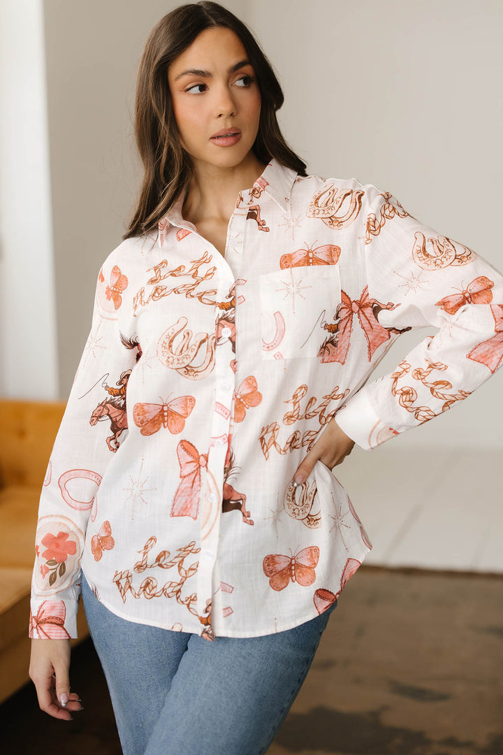 White Rodeo Cowgirl Print Western Button up Shirt