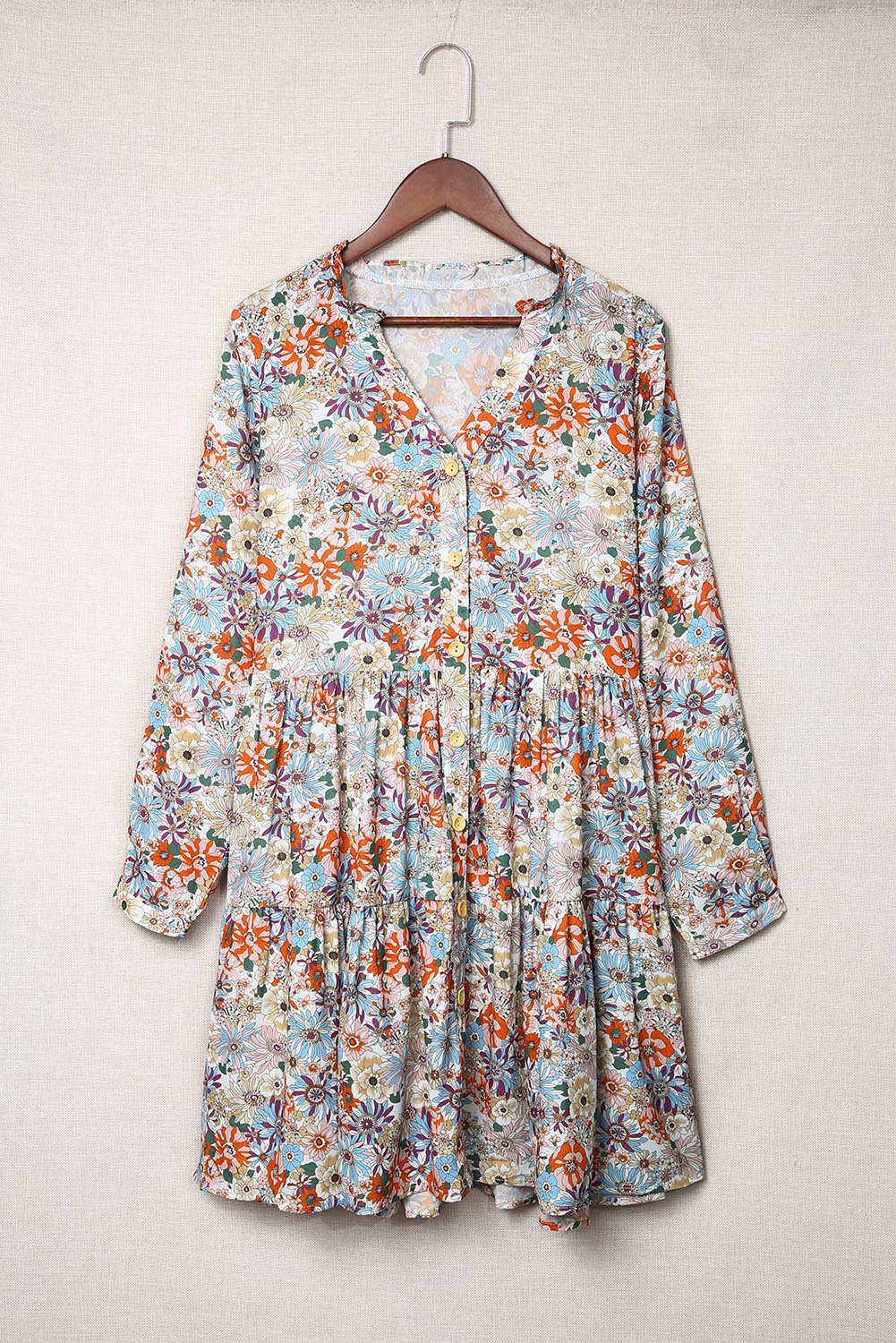 Multicolor Split Neck Buttons Front Shirt Floral Dress