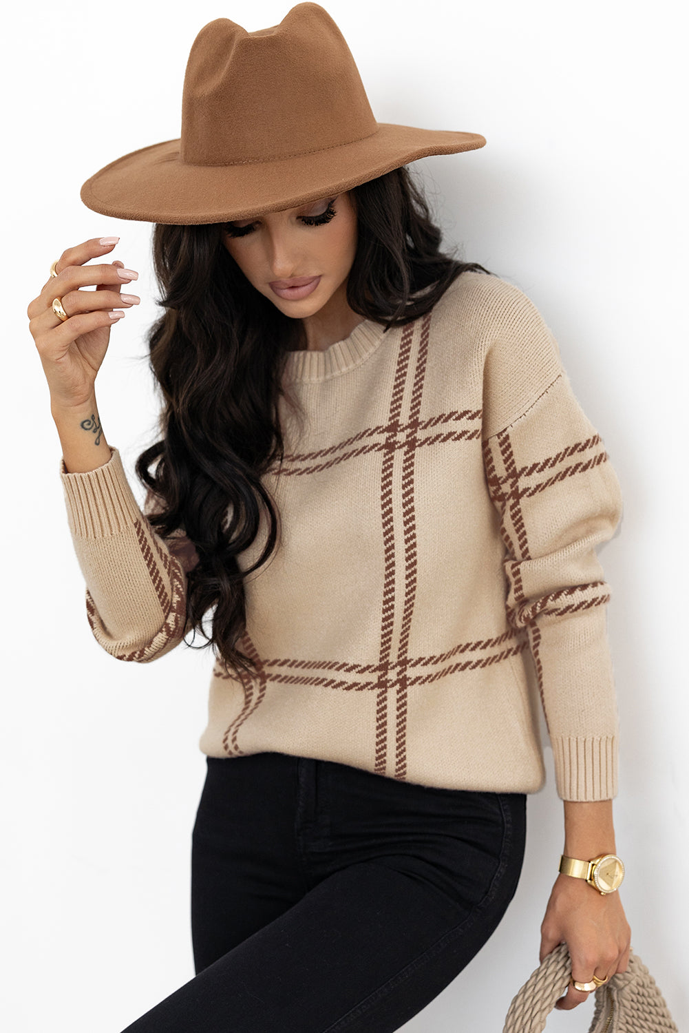 Khaki Plaid Pattern Knitted Drop Shoulder Sweater