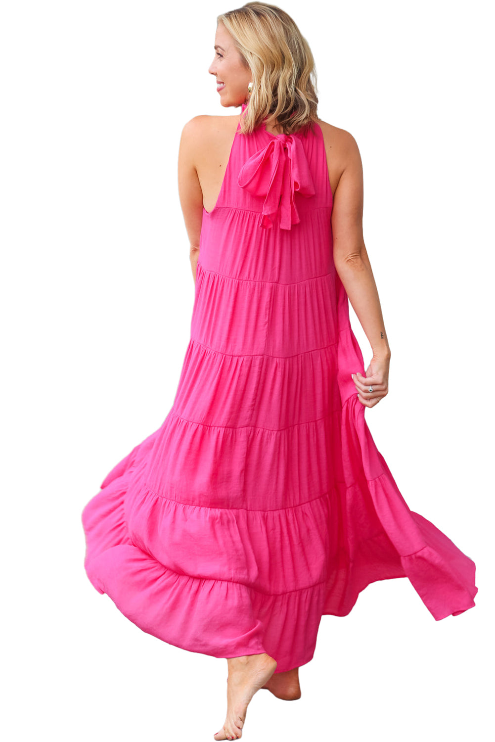 Rose Red High Frilled Neck Tiered Sleeveless Maxi Dress