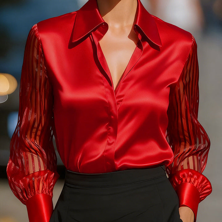 Women’s Satin Lapel Collar Blouse – Sheer Long Sleeve Button-Down Shirt for Office &amp; Spring/Autumn Wear