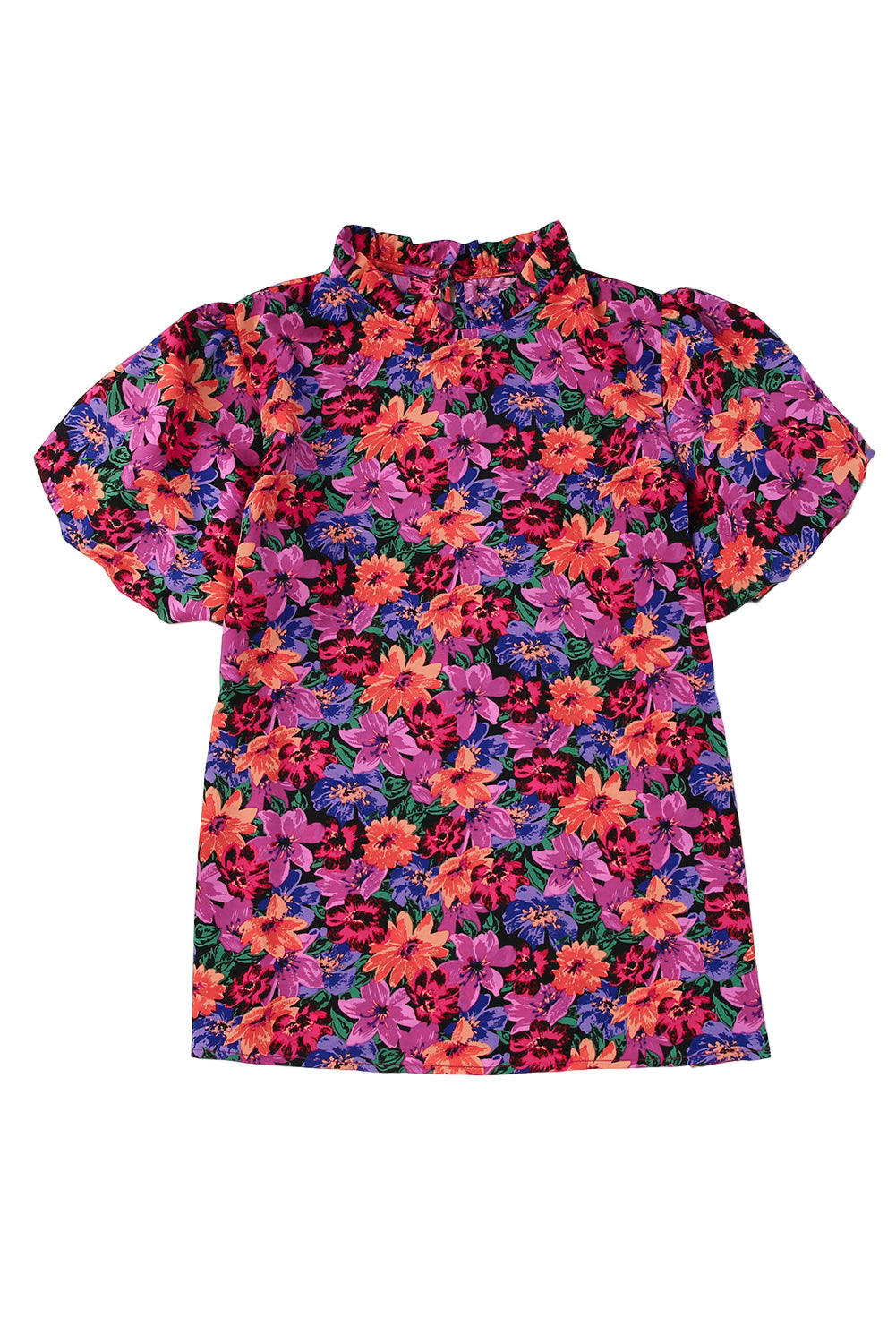 Multicolor Floral Print Round Neck Puff Sleeve Blouse