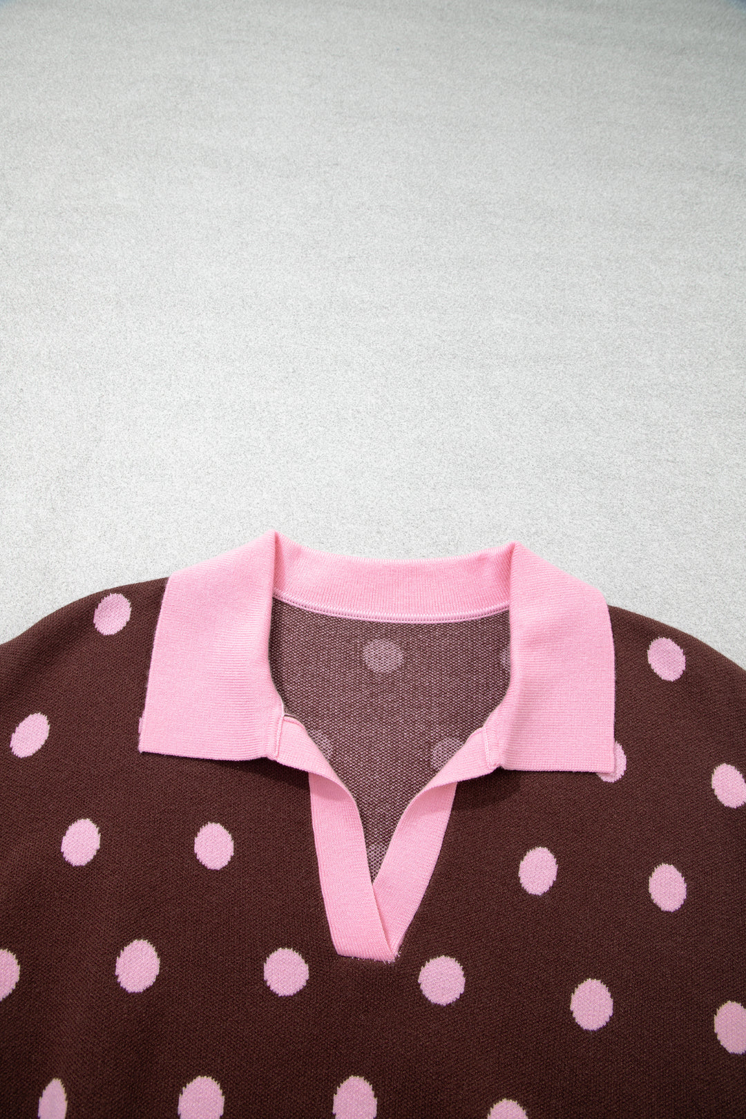 Pink Polka Dot Pattern Color Block Collared Loose Pullover Sweater