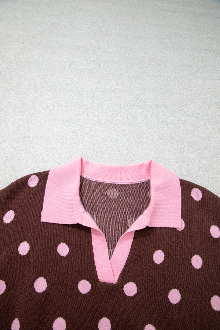 Pink Polka Dot Pattern Color Block Collared Loose Pullover Sweater