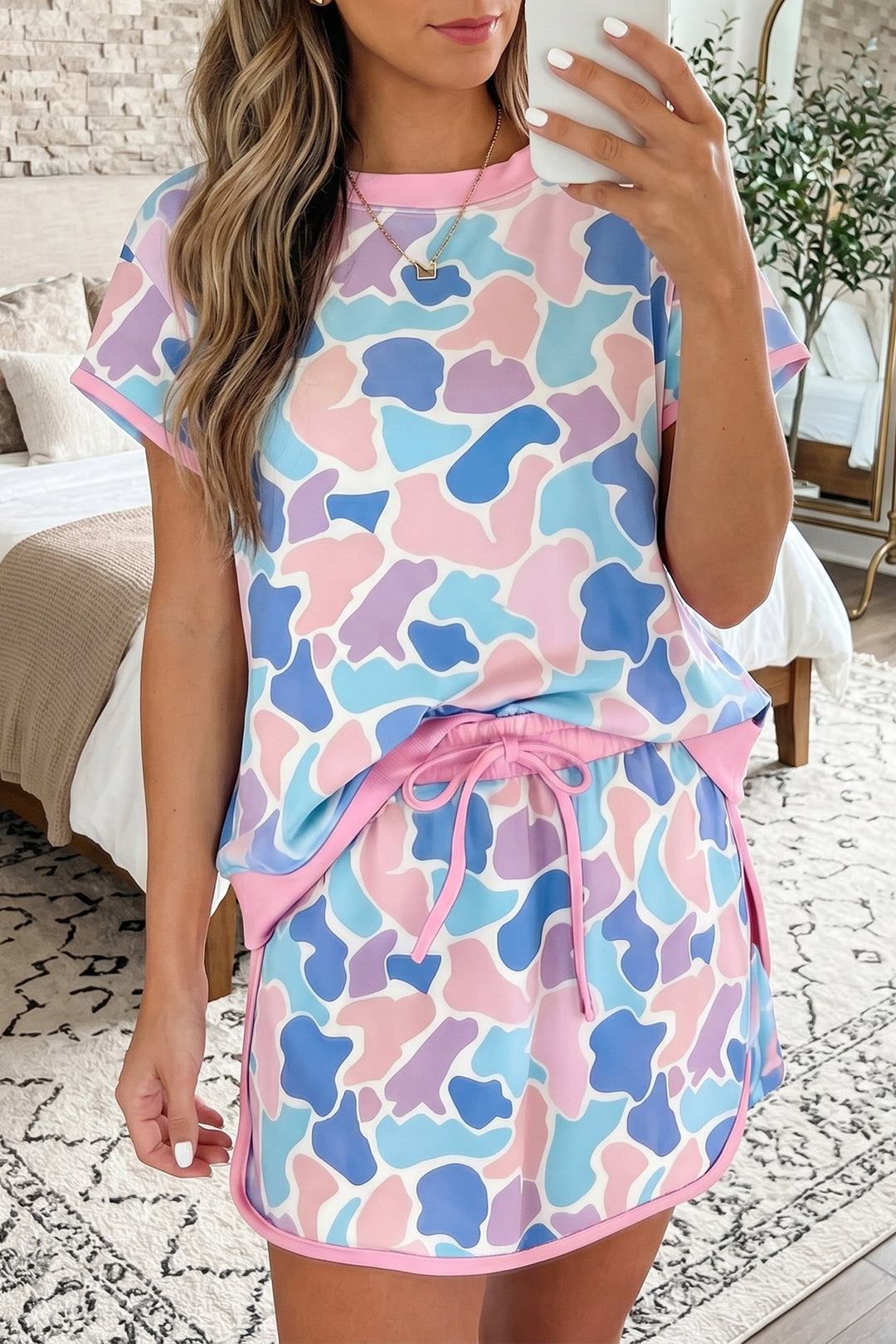 Pink Camouflage/ Polka Dot Print Contrast Trim Athletic Skort Set
