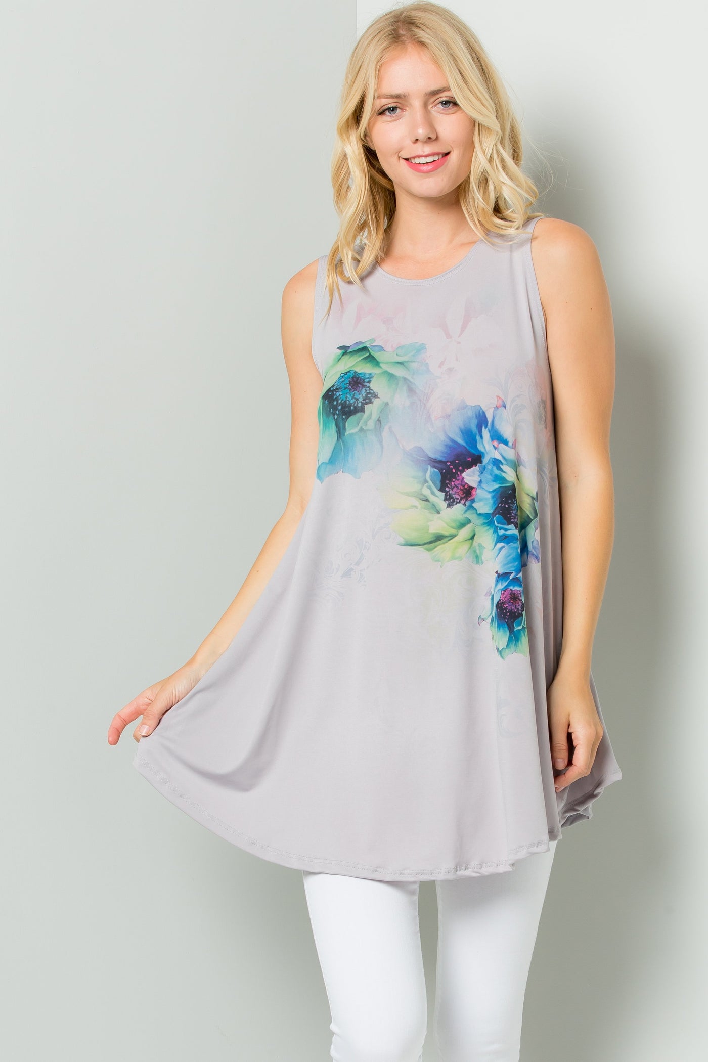 Sleeveless Tunic Dress With Floral Print Sublimation