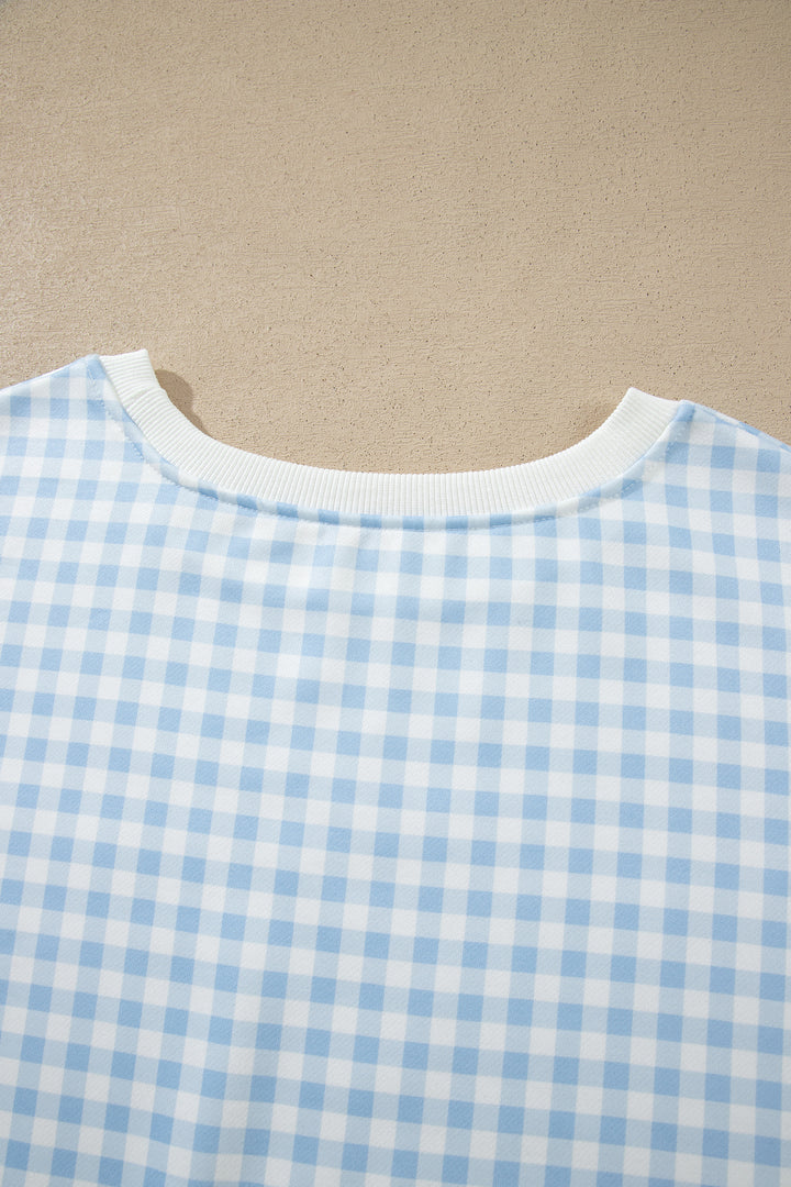 Sky Blue Gingham Loose Pullover Top Drawstring Shorts Plus Size Set