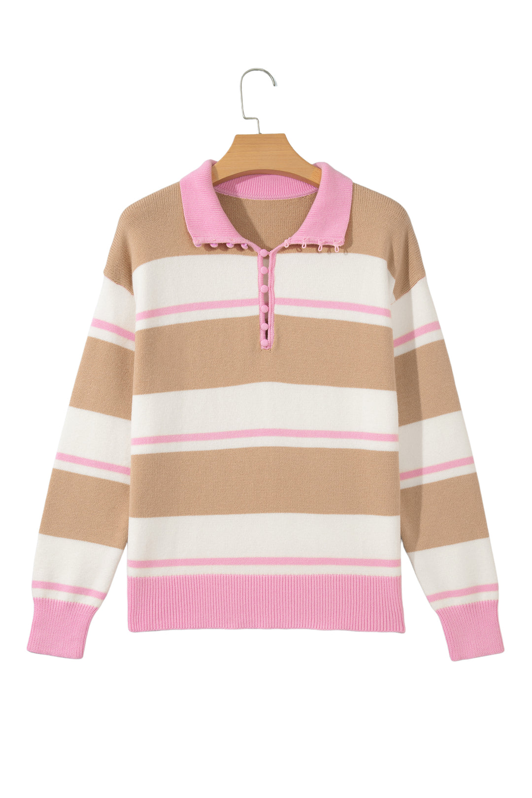 Khaki Stripe Striped Drop Shoulder Button Placket Long Sleeve Sweater