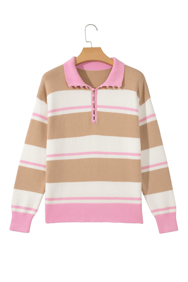 Khaki Stripe Striped Drop Shoulder Button Placket Long Sleeve Sweater