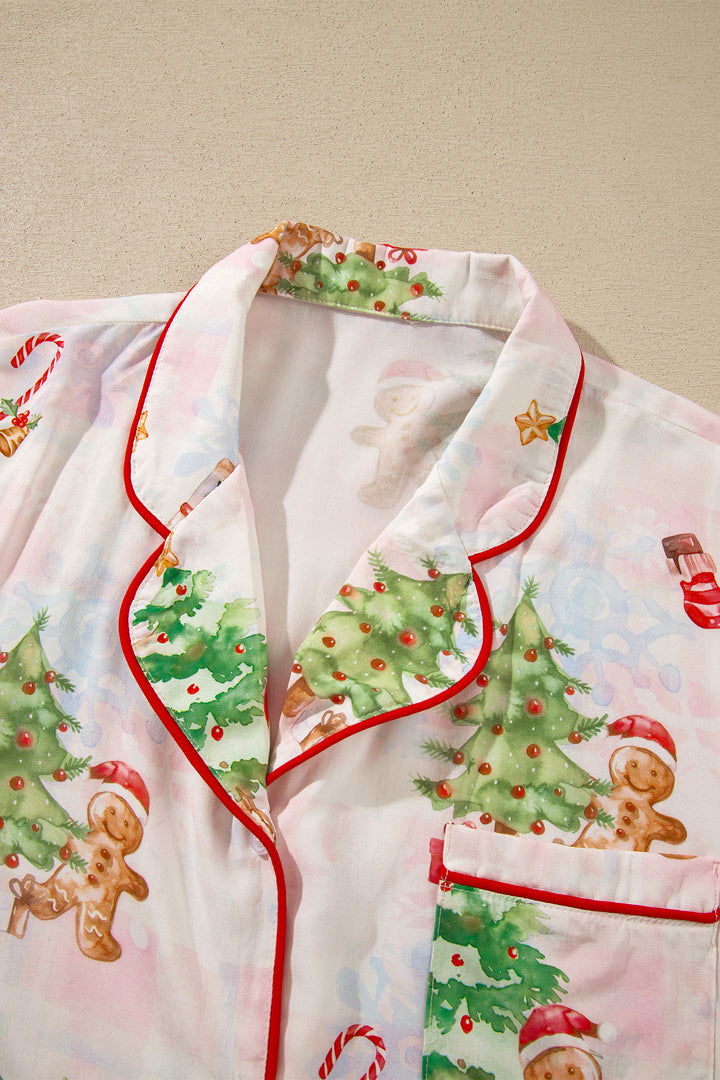 Pink Abstract Christmas Print Long Sleeve Two Piece Shift Lounge Set